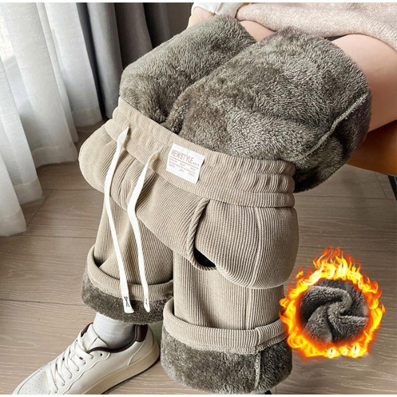 Móda Fleece Dámské Zesílené Kalhoty Manšestr Samet Jednobarevné Elastický Pás Ležérní Teplé Rovné Dlouhé Kalhoty Podzim Zima
