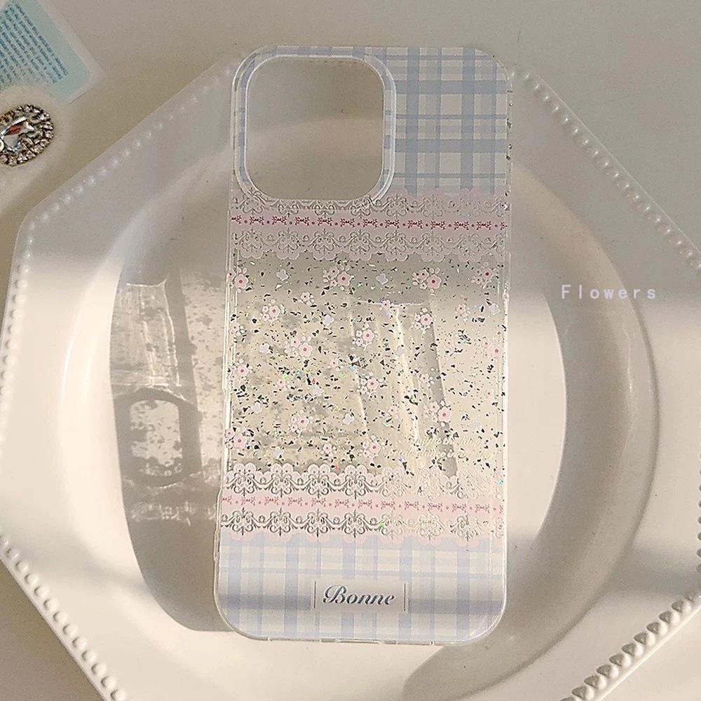 Spring and Summer Pink and Blue Floral Application Apple 17 Mobile Phone Case iPhone16Pro Glitter IMD15 Plaid 13/12/14