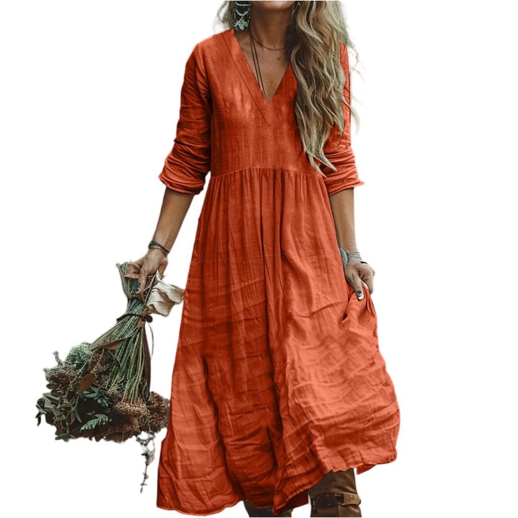Women's Fashionable And Casual Solid-color Cotton And Linen Dress