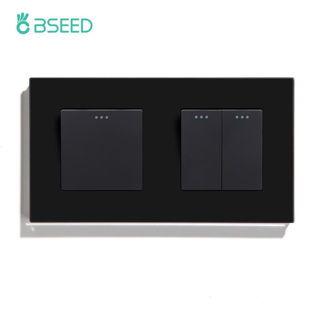 BSEED Double 1/2/3Gang Wall Light Switches 1Way Mechanical Button Switch On Off Glass Panel EU Standard 157mm
