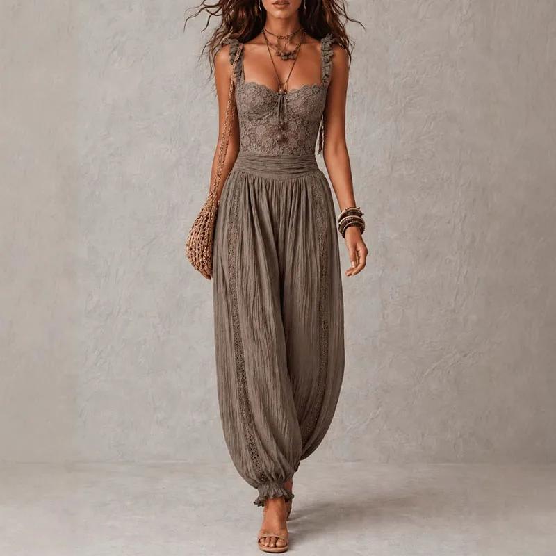 Damen Boho Spitze Spaghettiträger Jumpsuit Ärmellos Hohe Taille Haremshose Vintage Locker Laterne Lange Jumpsuits M grau