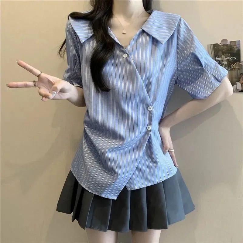 

Ladies Blue Striped Short Sleeved Blouses French Style Pleated Waist Cinched Women s Shirt Summer Loose V-neck Female Tops 2XL