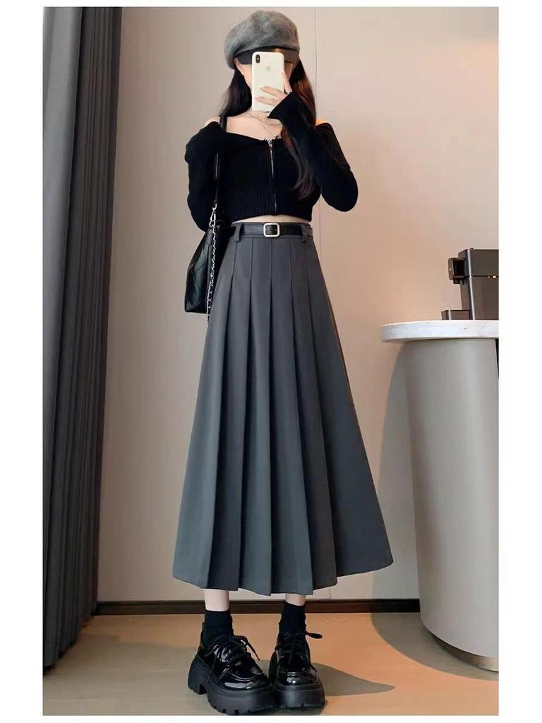 2026 Women's Petite High-Waisted Gray Wool Blend Pleated A-Line Skirt - Autumn Style