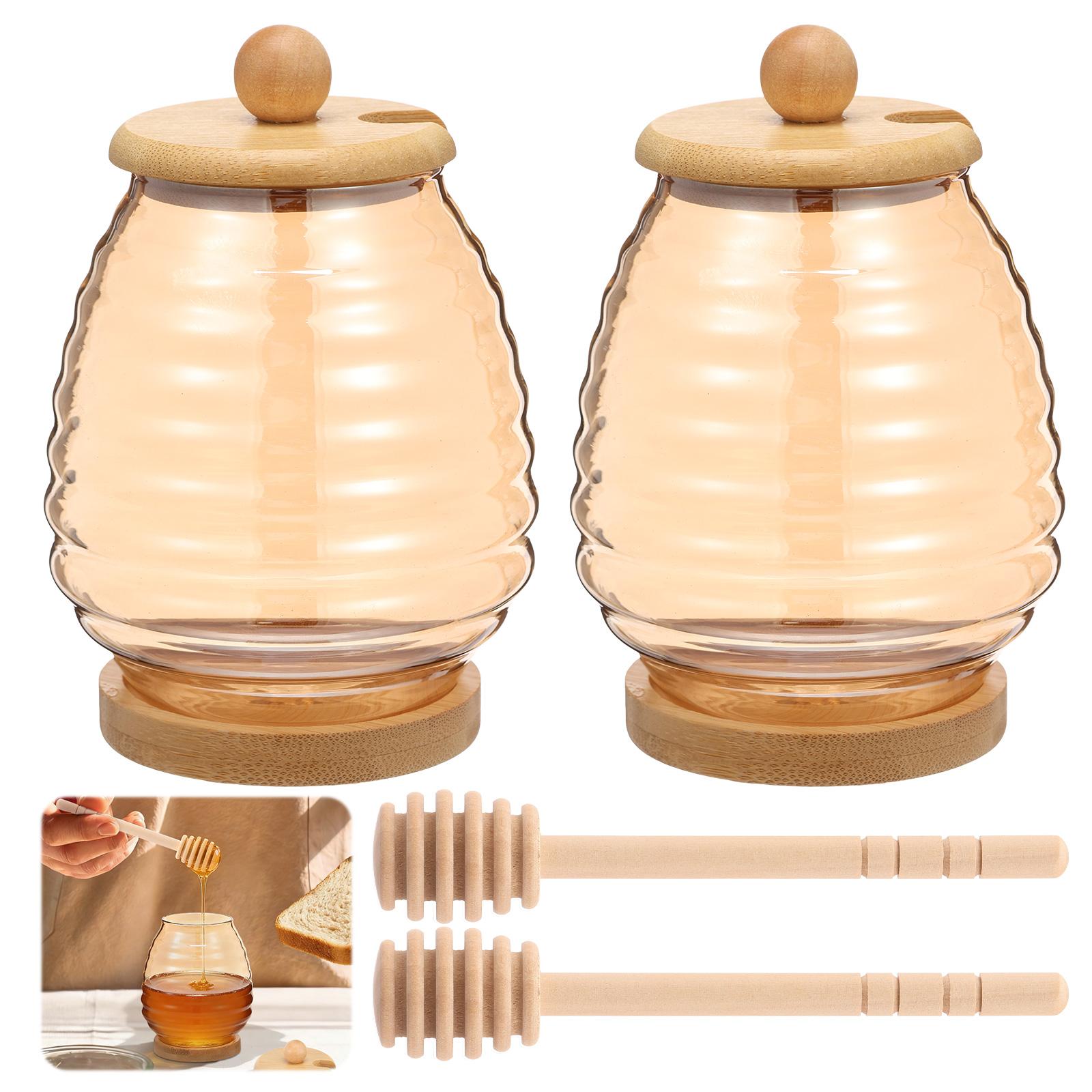 

2Pcs 450ml Glass Honeycomb Tank Kitchen Tools Honey Storage Container with Dipper and Lid Honey Bottle for Wedding Party Dining