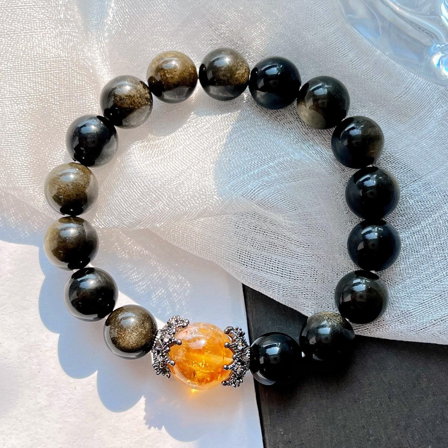 10Mm Natural Obsidian Citrine Design Bracelet Bracelet