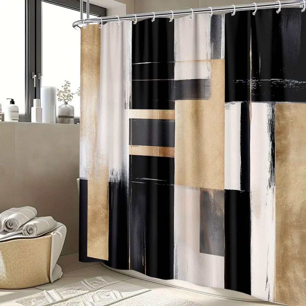 Black Gold Abstract Shower Curtain, Boho Modern Aesthetic, Oil Painting Neutral Art, Fabric Bathroom Set With Hooks