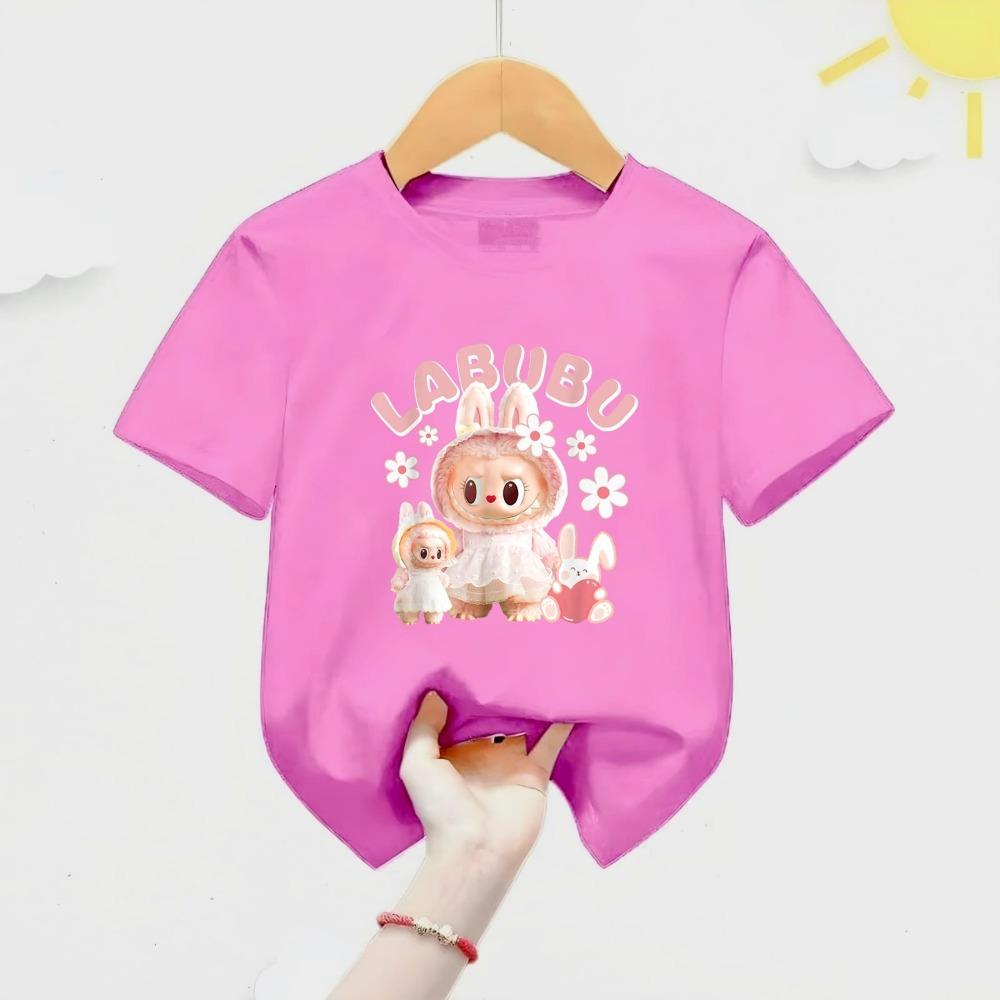 New Labubu Children's T-shirt Scarf LABUBU Flower and Rabbit Pattern Girl Round Neck Short Sleeve Casual Versatile Clothing