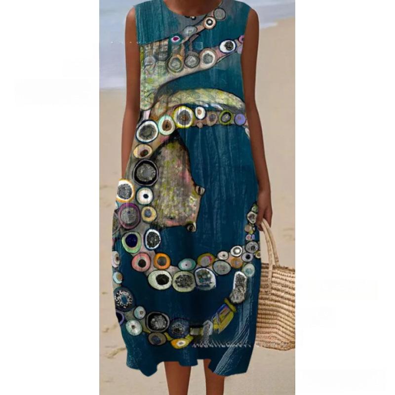 European and American New Summer Flower Ocean Printing European Size Round Neck Sleeveless Long Dress Creative Loose Dress