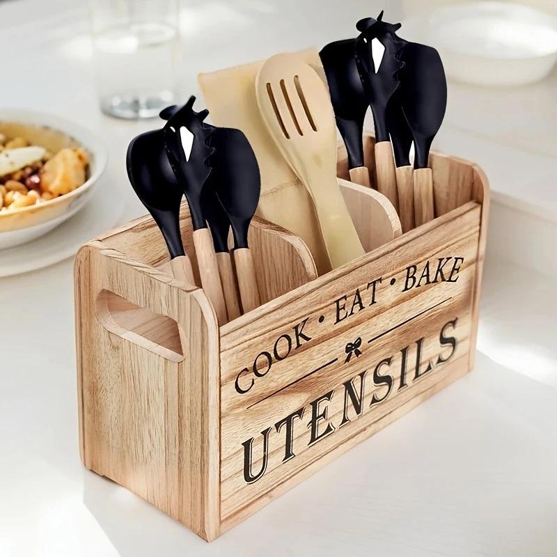Kitchen Utensil Rack with Three Compartments Rustic Wooden Storage Box Vintage Tableware Farmhouse Dish Cabinet Forks Spoo