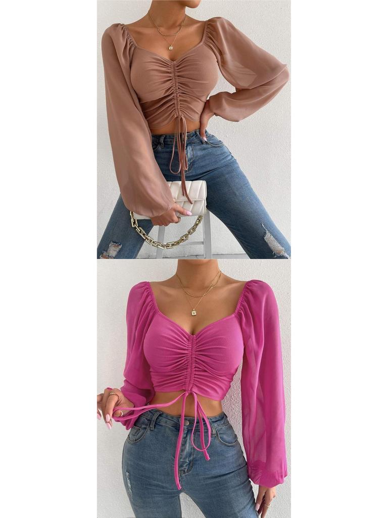 Summer V-Neck Chiffon Lantern Sleeve Drawstring Top