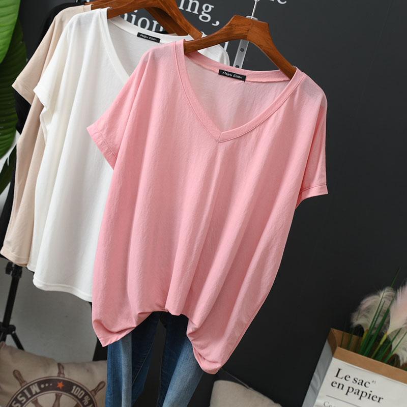 Summer Plus Size V-Neck Short Sleeve Women's T-Shirt - Ice Silk Loose Fit