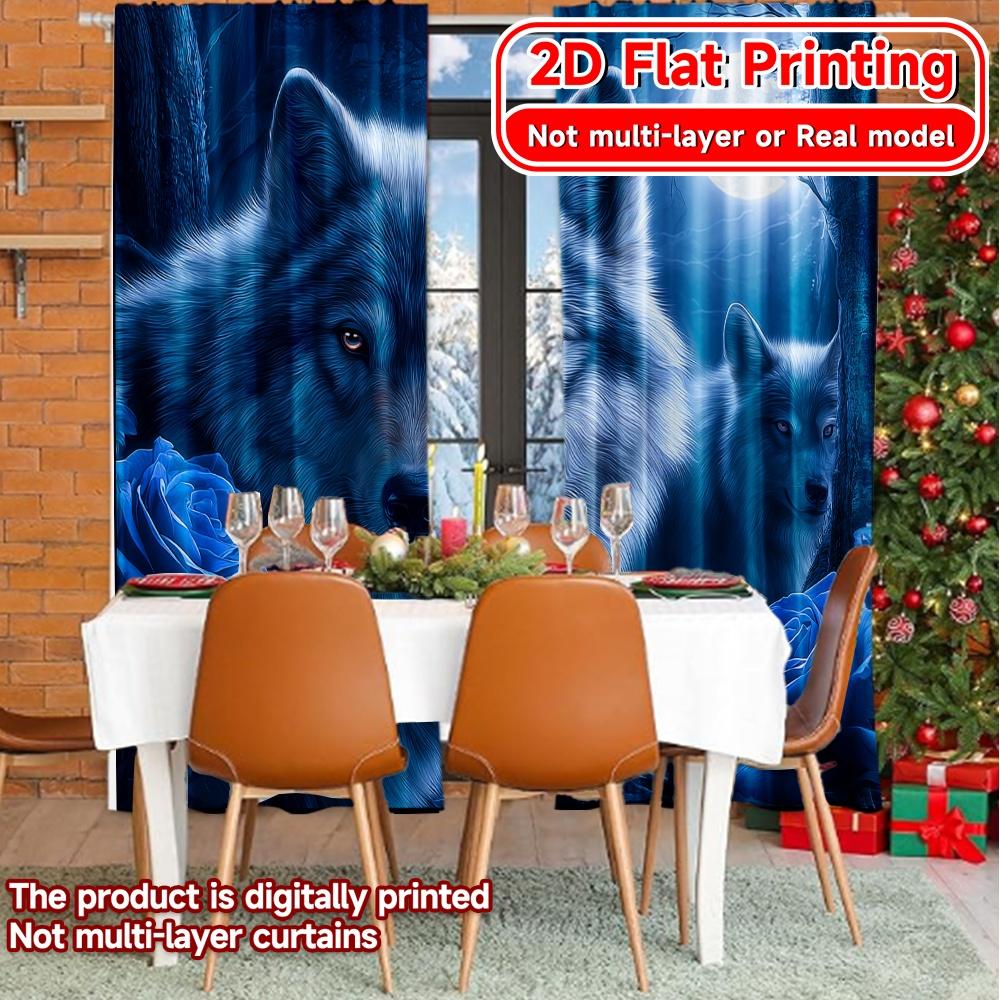 2D FLAT PRINTING 2pcs Curtains (Without Rod) Mystical Wolves and Blue Roses New yearFestival Popular Curtains&Drapes Prints