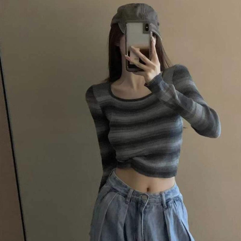 Autumn's New Retro Square-neck Rainbow Striped Knitted Sweater, Women's Long-sleeved Base Sweater, Slim Short Top