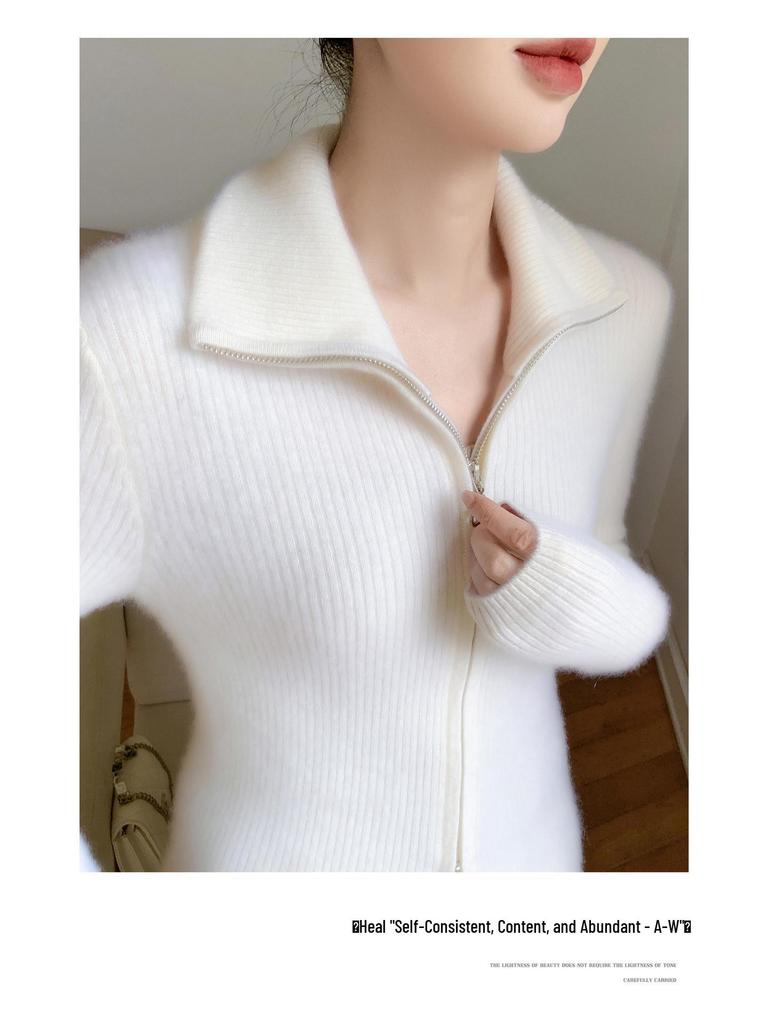 25 Premium Women's Baby Cashmere Cardigan, Double-Zipper Lapel Ribbed Sweater, Loose Wool Coat for Autumn/Winter.