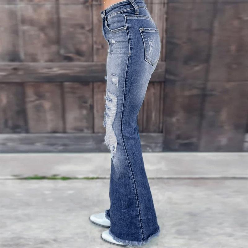 European & American Women's High Waist Slimming Flare Jeans - 2025 New Style, Comfortable Ripped Stretch Denim