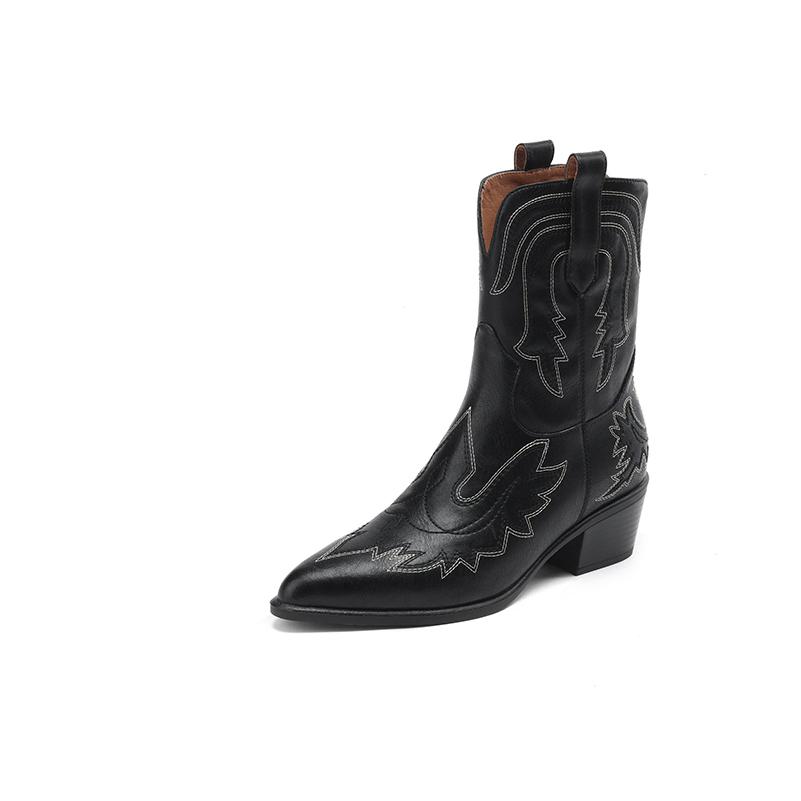 

Meotina Жінки Натуральна шкіра Ботильйони Гострий носок товстий середній каблук Вишивка Західні короткі чоботи Жіночі туфлі осінь зима 42 39