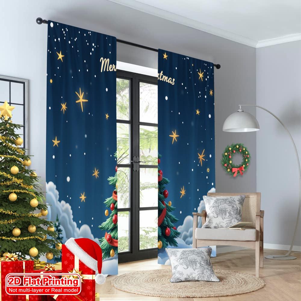 2pcs 2D Flat Printing Merry Christmas Popular Window Curtains Merry Christmas Tree Snow 100% Polyester Fabric Without