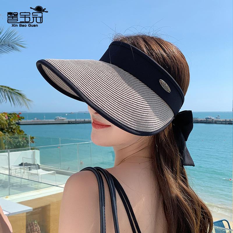 8498 Summer Outdoor Sun Hat Straw Large Brim Sun Protection Empty Top Sun Hat Fashion Bow Hat Female Tide