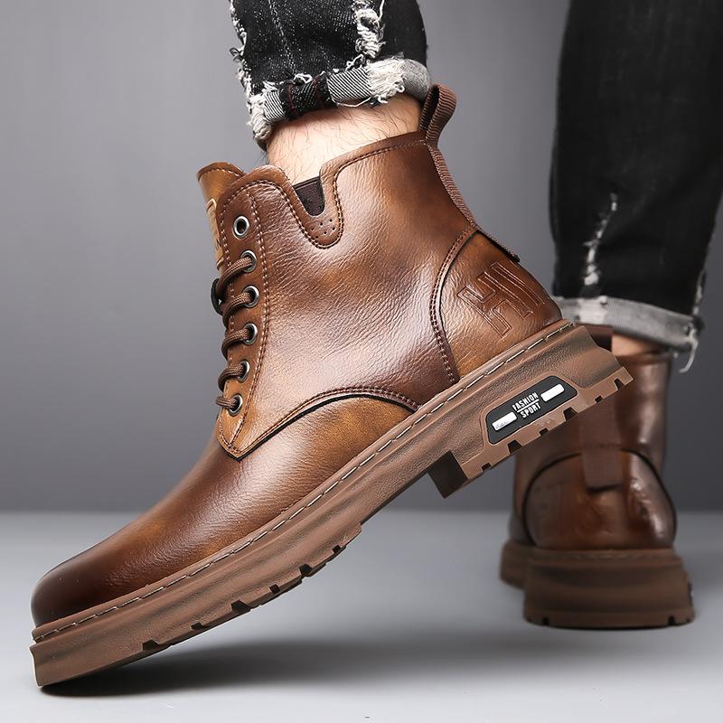 New Leather Men's Shoes, Fashionable Thick Cotton Shoes, Men's Retro Workwear, Martin Boots, British Style High Top Lace Up Leather Boots