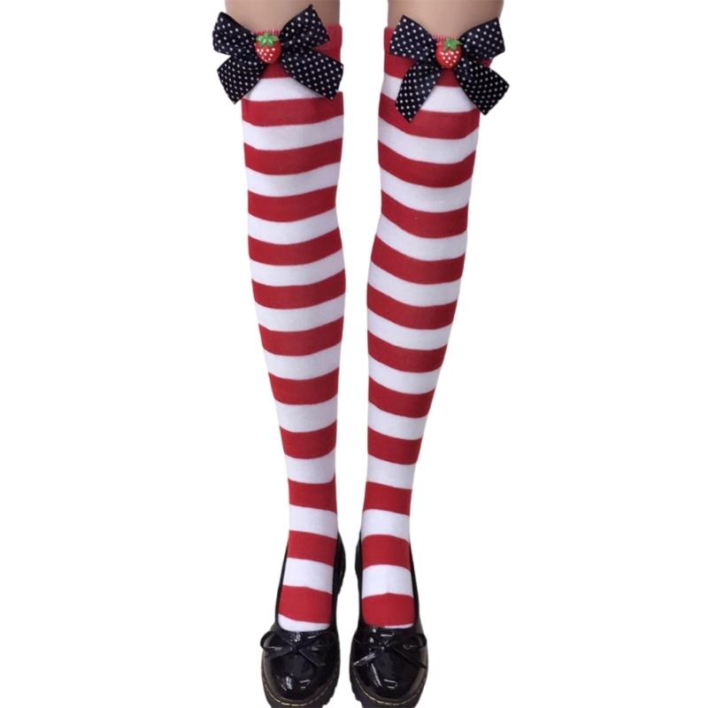 Festival-Schleifenakzent Gestreifte Lange Socken für Damen Weihnachtsfeiern Cosplay Oberschenkelhoch Über dem Knie Strümpfe Strumpfwaren