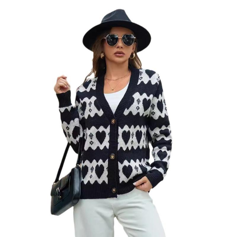 Women S V Neck Long Sleeve Knit Cardigan With Heart Pattern