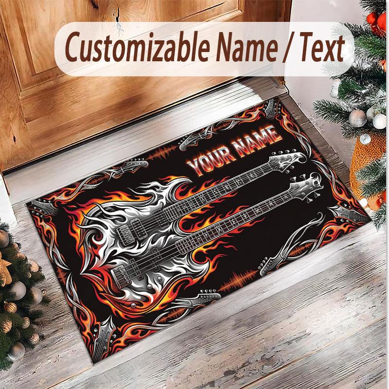 Music Guitar Theme Soft Crystal Velvet Rug Custom Name & Text Print Non Slip Floor Rug for Bedroom Living Room