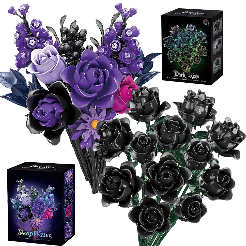 Black Rose Building Blocks Plant Bouquet Simulated Roses Flowers Gothic Home Decoration Kids DIY Toys Adult Romantic Gifts