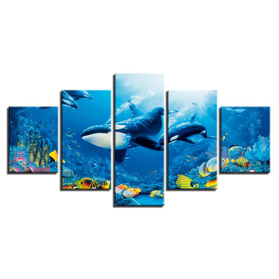 

Холст Плакат HD Печать Комната Настенное Искусство Без Рамки 5 Шт. Темно Синий Океан Кит Золотая Рыбка Картина Домашний Декор Тигровые Акулы Фотографии 40x60cm*2 40x80cm*2 40x100cm*1