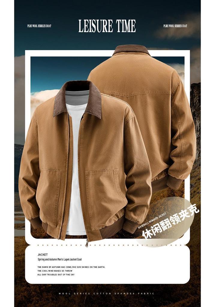 2026 Men's Pure Cotton Lapel Jacket: Trendy American Casual Workwear Style for Spring and Autumn.