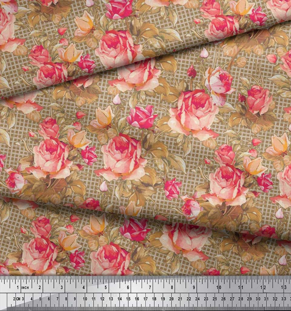 Soimoi Japan Crepe Satin Stoff Sjekk, Blader & Rose Blomstertrykk Sy Stoff meter 42 tommer
