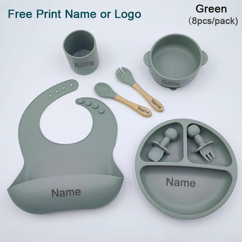 Set Pappa in Silicone Personalizzato con Nome per Bambino Ciotola con Ventosa Piatti in Silicone Piatto per Biberon Bavaglini Cucchiaio Forchetta Stoviglie Senza BPA