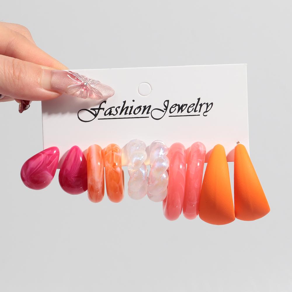 Korean Fashion 5Pair Geometric Acrylic Earrings for Women Retro Colorful Resin Circle Wate Drop Hoops Jewelry Set Birthday Gifts