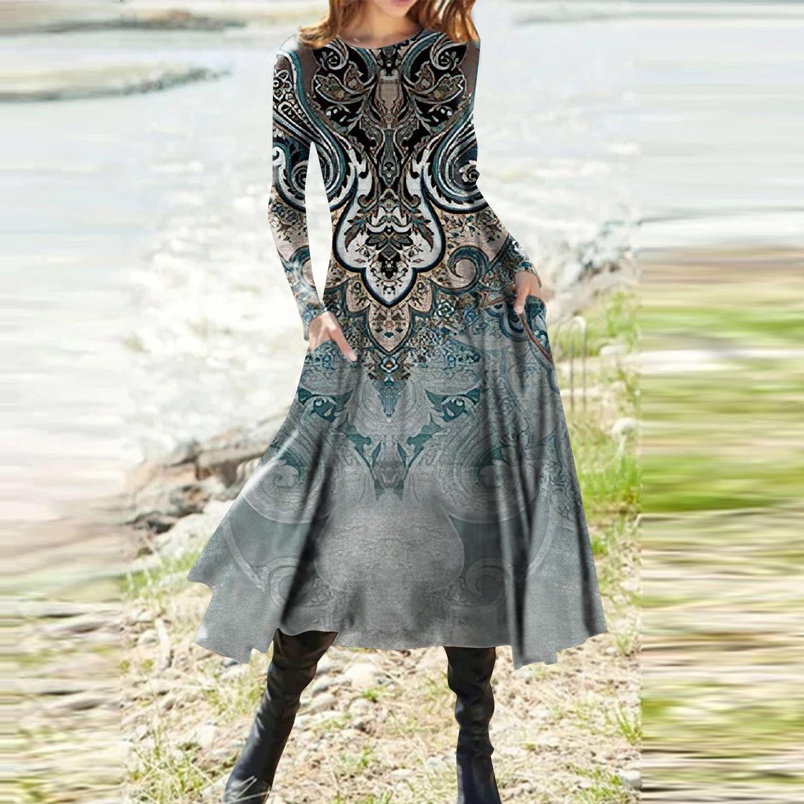 

Женская мода повседневный пуловер с круглым вырезом и принтом, облегающее платье с длинным рукавом L синий