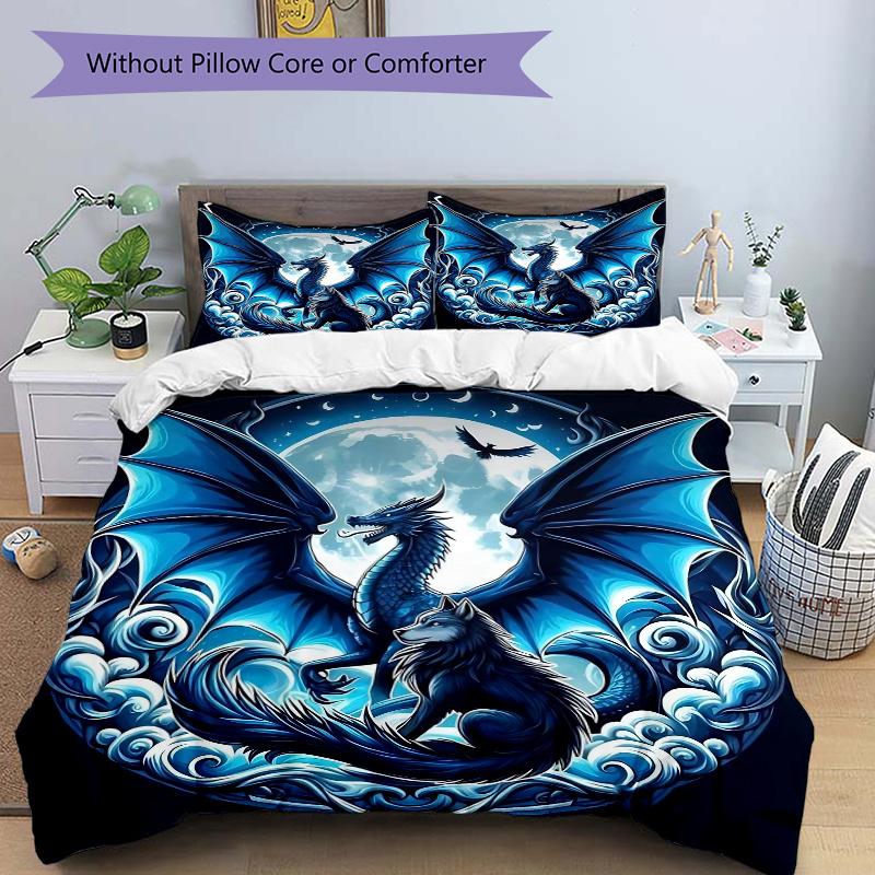

3pcs Dragon and Wolf in a Mystical Night Sky Printed Quilt Set - Soft and Comfortable Quilt Cover for Bedroom, Guest Room and Dormitory Deco 135cm*200cm