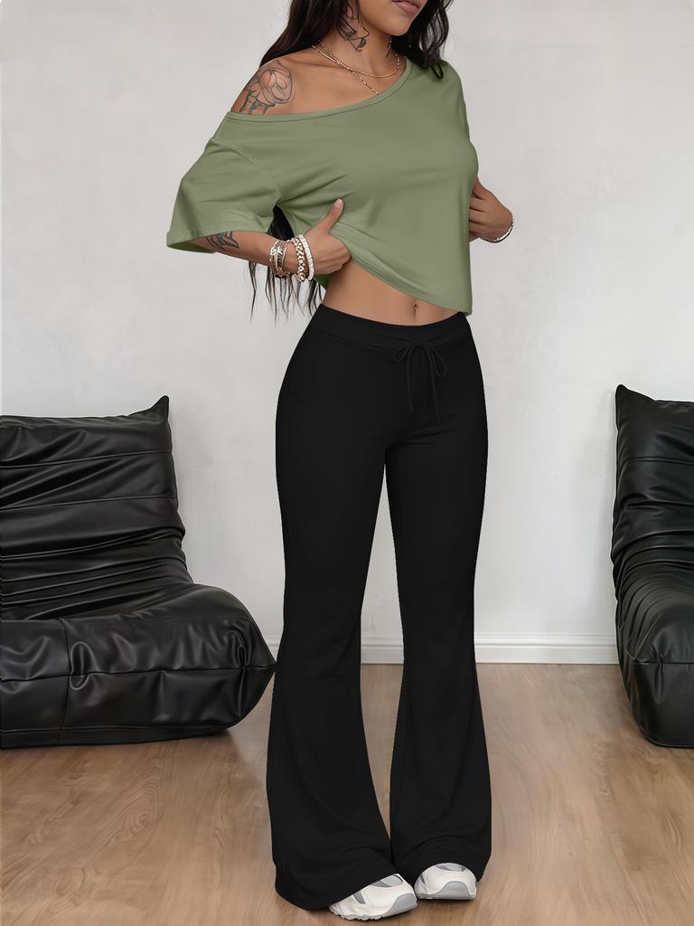 New European and American fashion suit diagonal shoulder solid color T-shirt trousers two-piece suit, diagonal shoulder short-sleeved trousers cover