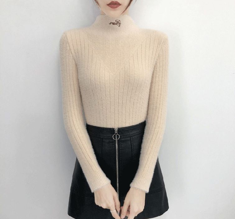 Mink Fleece Sweater Women's Solid Color Letter Embroidered Sweater Cropped Half Turtleneck Bottoming Shirt
