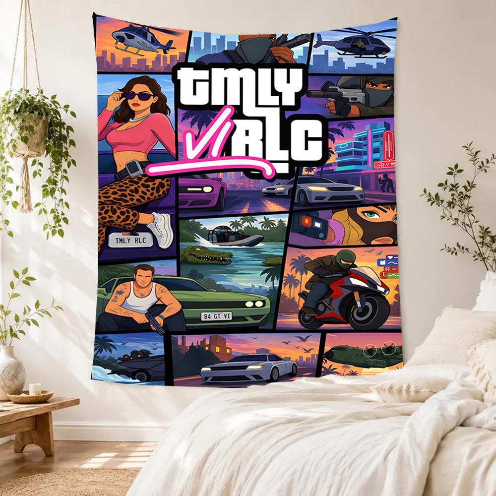 Grand Theft Auto Vintage Vægtæppe Retro Boho Ideel til Balkon Kollegievæg Soveværelse Alsidig Dekoration Boho Dekoration Gave til Nyt Hjem