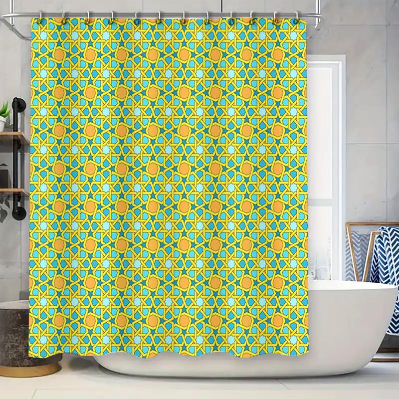 

Modern Blue Yellow Geometric Pattern Shower Curtain For Bathroom Decor Water-Resistant Fabric Customizable Size W60H190(CM)-1 Pcs