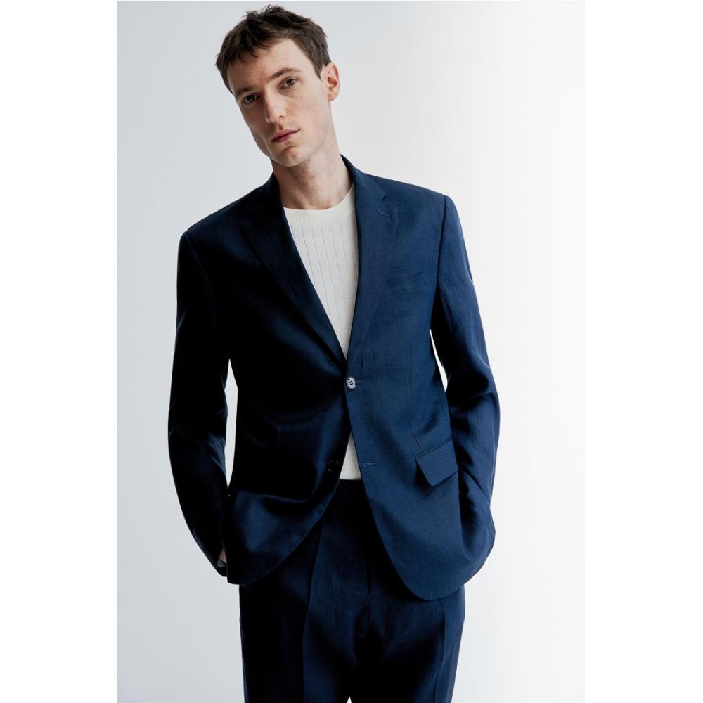 

Приталенный льняной пиджак HM темно-синего цвета