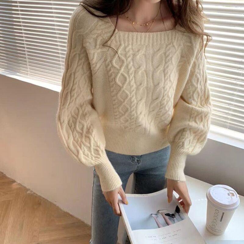 Lantern sleeve top women's spring and autumn literary style French twisted knitted sweater short niche temperament high sense