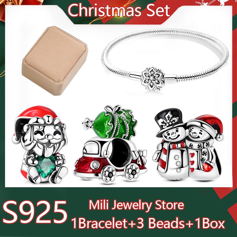

5/PC Christmas Gift Set 925 Silver Green Christmas Tree Santa Claus Elk Charms Fits Original Snowflake Bracelet Fine Jewelry Set 17cm
