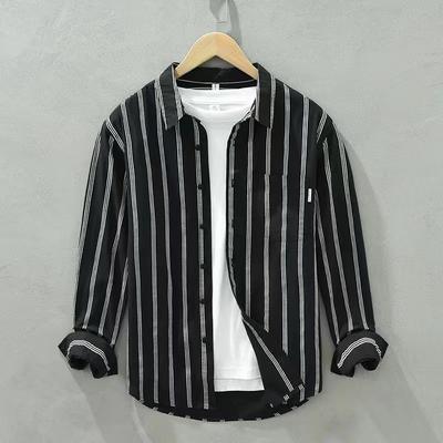 Japanese Retro Striped Long Sleeve Printed Shirt for Men Loose Casual Versatile White Jacket Trendy Top