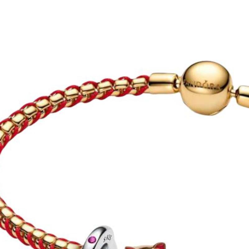 Pandora Original Design Lucky Cat, 925 Silver Synthetic Cubic Zirconia Bracelet, Same Style for Men and Women, Couple Model, Red/gold ZT3352