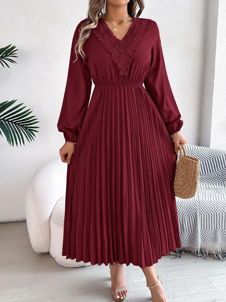 Dames Elegante Europese Stijl V-hals Kant Hoge Taille Lange Mouwen Geplooide Maxi Jurk