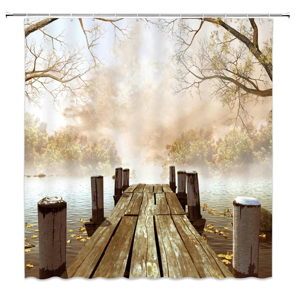 Natürliche Landschaft Duschvorhänge Wasserfall Grüne Wiese Blume Frühling Landschaft Badezimmer Dekor Wasserdichtes Stoffvorhang-Set