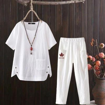 Trajes de Pantalón de Algodón y Lino 2 Piezas Verano para Mujer Blusa de Algodón y Lino Cuello Redondo Pantalones Harem de Algodón y Lino con Cintura Elástica Conjunto de Dos Piezas Atuendos Casuales