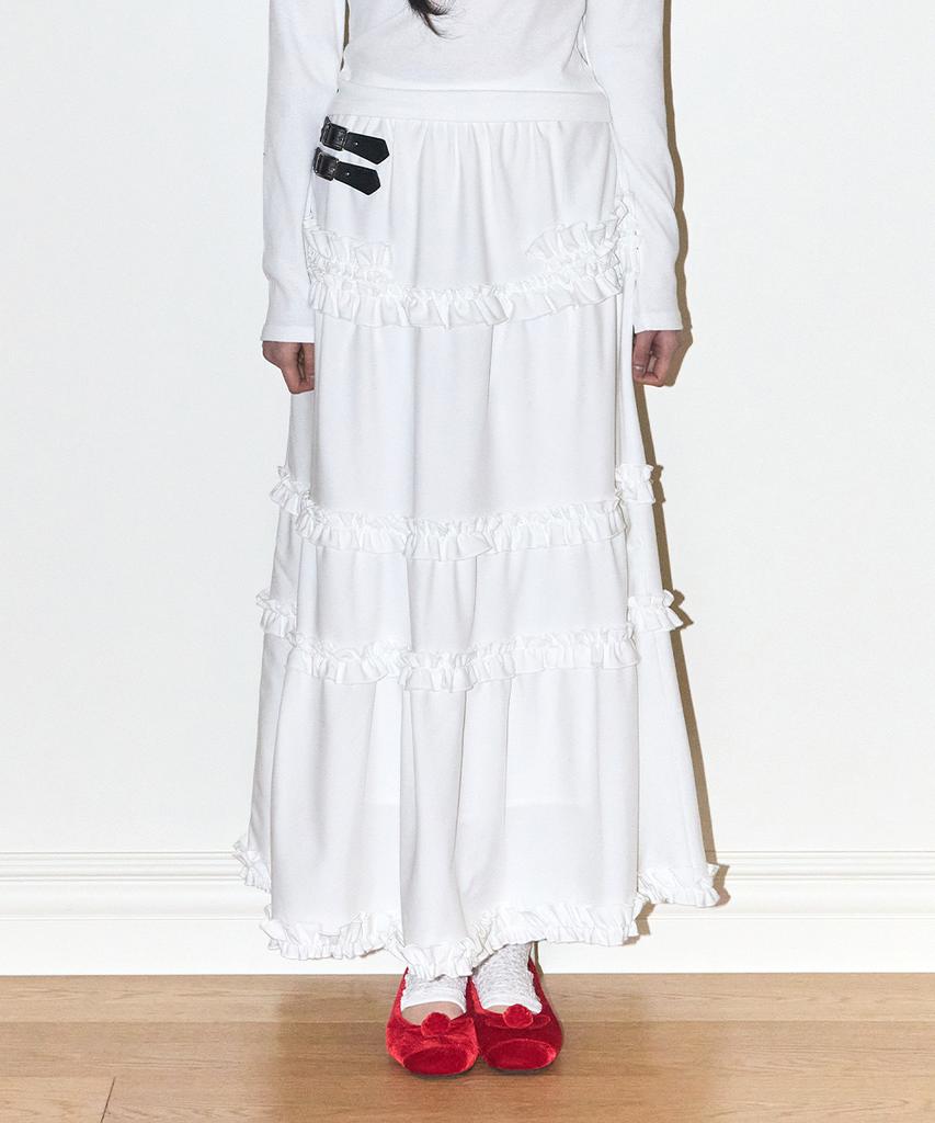 Iligo Buckle Frill Long Skirt White