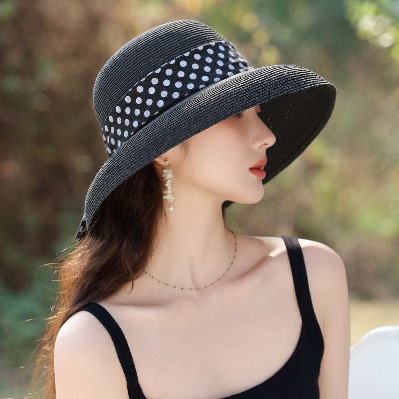 Sommar Ny Hatt Dam Polka Dot Streamer Solhatt Hepburn Stil Lafite Stråhatt Rese Solhatt