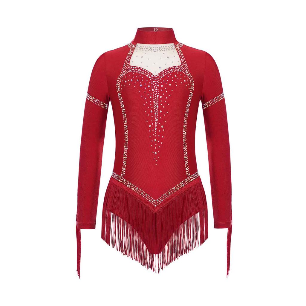 Girls Fringe Latin Dance Costume Mock Neck Long Sleeve Keyhole Back Shiny Rhinestones Tassels Leotard