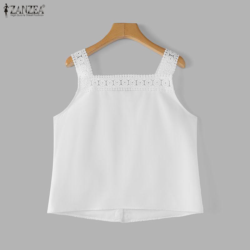 ZANZEA Women Lace Splice Square Collar Summer Casual Sleeveless Vest Tops